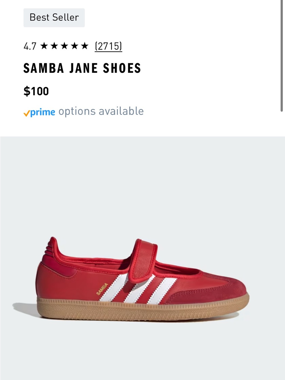 adidas Kids Samba Jane Shoes in Red with White Stripes